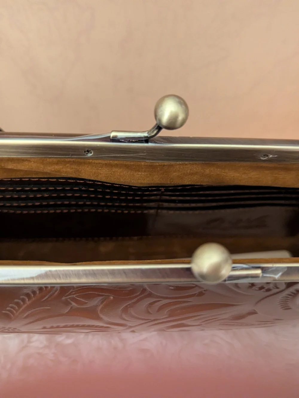 Patricia Nash Brown Embossed Leather Clutch With Cross Body Chain